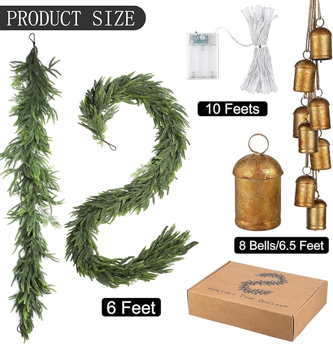 Fovths 6 Ft Christmas Garlands with Lights and Bells Real Touch Norfork Pine Garland Artificial Greenery Garlands for Christmas Mantle, Table Indoor Outdoor Decorations, Green