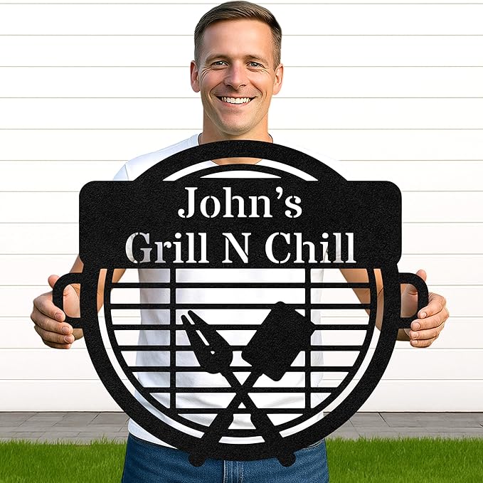 Custom BBQ Grill Metal Sign Personalized Name Wall Art for Outdoor Barbecue Patio Kitchen Backyard Decor Gift for Dad Husband Men Papa Grandpa Father Grilling Enthusiasts Family Lover Funny Gifts 20