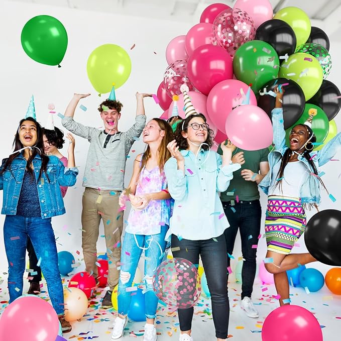 Pink Green and Black Balloons,12 Inch Hot Light Pink Dark Green Black with Confetti Balloon for Birthday Baby Shower Princess Witch Party Decorations
