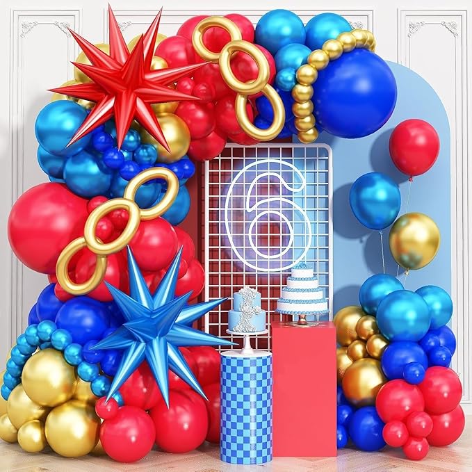 Red Blue Gold Balloons Arch Royal Blue Red Gold Balloons Garland Metallic Blue Gold Latex Balloons with Explosion Star Foil Balloon Gold Long Balloons for Birthday Party Decorations Carnival Circus