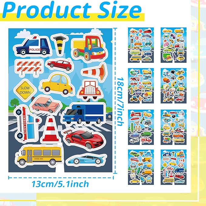 24 Sheets Transportation Car Stickers for Kids, 380+ Pcs Vehicle Stickers Bulk Preschool Sticker Sheets for Reward Craft Scrapbooking Water Bottles Gifts Bags Cards Decor