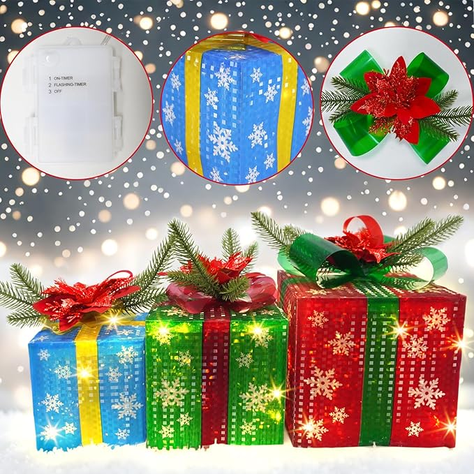 3 Pcs Christmas Lighted Gift Boxes with Bow 60 LED Battery Operated Pre-lit Present Box Decorations for Xmas Holiday Home Outdoor Yard