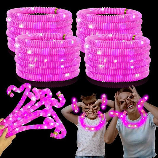 24 PCS Pink Glow Sticks Party Favors for Kids,LED Light up Pop Tubes for Toddlers, Christmas Neon Necklaces Bracelets Accessories,Glow Birthday Dance Wedding Camping Party Supplies Decorations