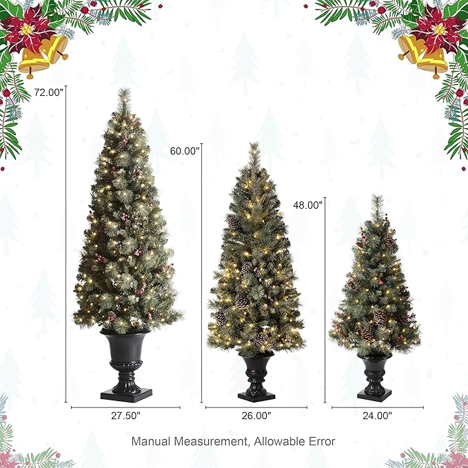Glitzhome 4ft/5ft/6ft Pre-lit Christmas Trees Set, Artificial Christmas Trees Flocked Potted Christmas Porch Trees for Entrance with Pine Cones, Red Berries, and Warm White Lights