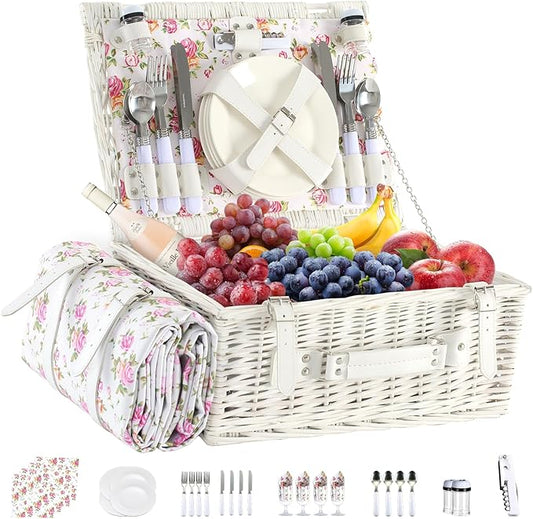 Picnic Basket Set for 4 with Waterproof Blanket Mat Insulation Bag Wicker Floral Elegant Classic Fresh White Pink Gift for Wedding Birthday Summer Camp Outdoor Camping Beach Travel Christmas