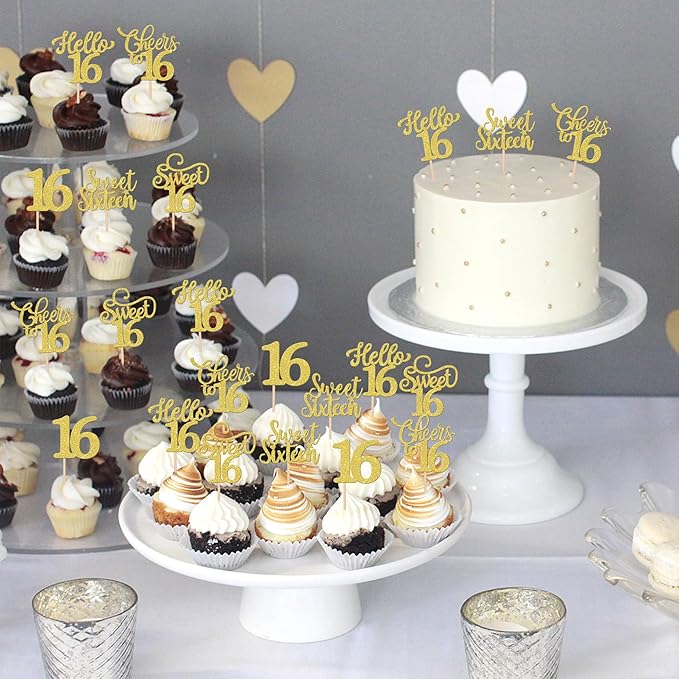 30PCS Happy 16th Birthday Cupcake Toppers Glitter Sweet Sixteen Hello 16 Cupcake Picks Cheers to 16 Birthday Decorations for 16th Birthday Anniversary Party Cake Decoration Supplies Gold