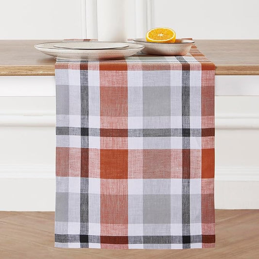 Solino Home Pure Linen Cinnamon Plaid Table Runner 14 x 108 Inch - Autumn Decor for Dining, Thanksgiving, and Fall Season - Buffalo Check Design