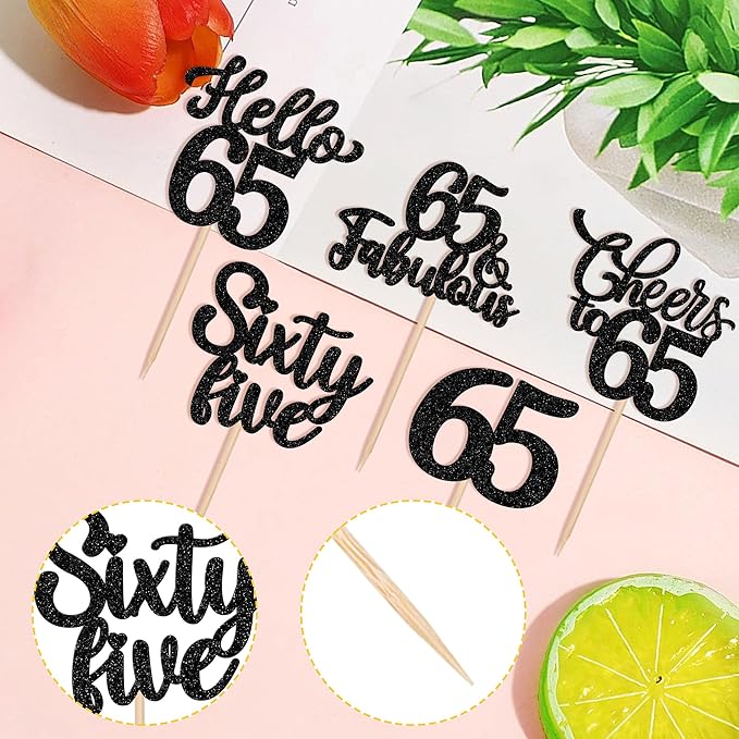 30PCS Happy 65th Birthday Cupcake Toppers Glitter Hello 65 Fabulous Sixty Five Cheers to 65 Years Old Birthday Cupcake Picks for Happy 65th Birthday Anniversary Party Cake Decorations Supplies Black