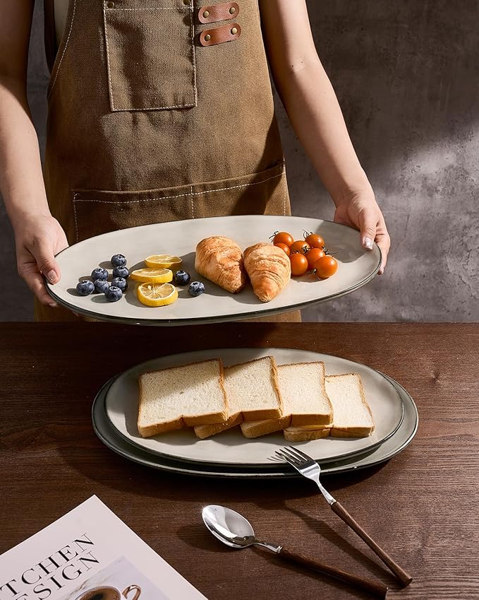famiware Serving Platter, Oval 15.59/14.3/12.9 inch Serving Dishes for Entertaining, Serving Bowls, Dishwasher Safe, Stonware Serving Trays for Party, Turkey, Cheese, Reactive Glaze, Light khaki