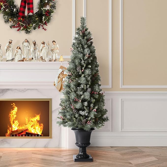 Glitzhome 6 FT Pre-Lit Artificial Christmas Tree, Lighted Entrance Tree Frosted Pine Cones and Berries Christmas Porch Tree with 200 Warm White Lights for Front Door Porch Entryway Holiday Home Decor