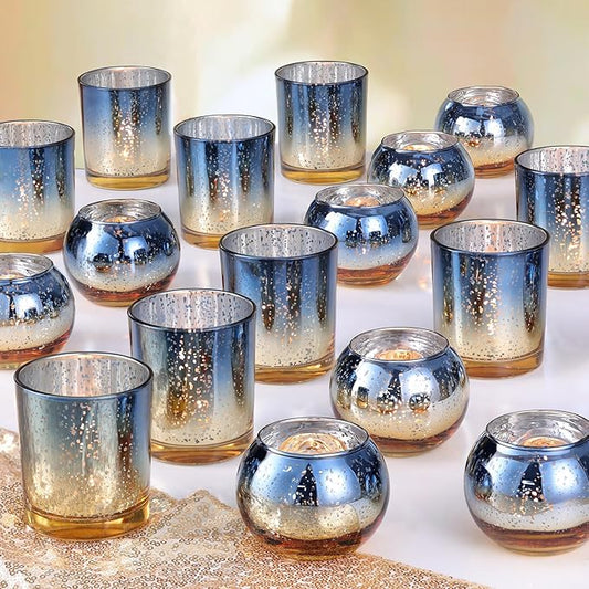 Volens 30pcs Assorted Navy Votive Candle Holders Bulk, Large Mercury Glass Votive for Wedding Table Centerpieces, Navy and Gold Themed Party Decorations and Home Decor