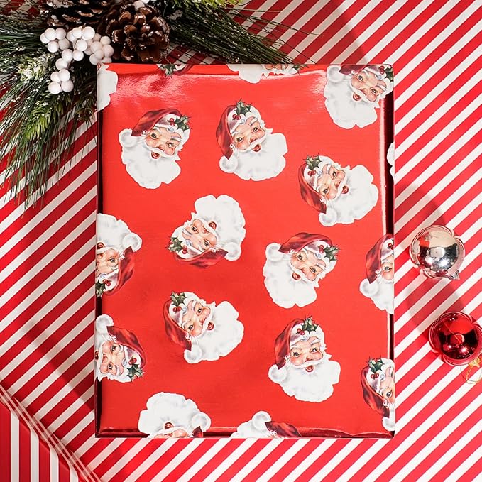 LaRibbons Vintage Santa Christmas Wrapping Paper Roll – Double-Sided Foil Gift Wrap with Candy Cane Stripes, Holiday Wrapping Paper for Xmas Presents & Decorations, 17 Inch × 33 Feet