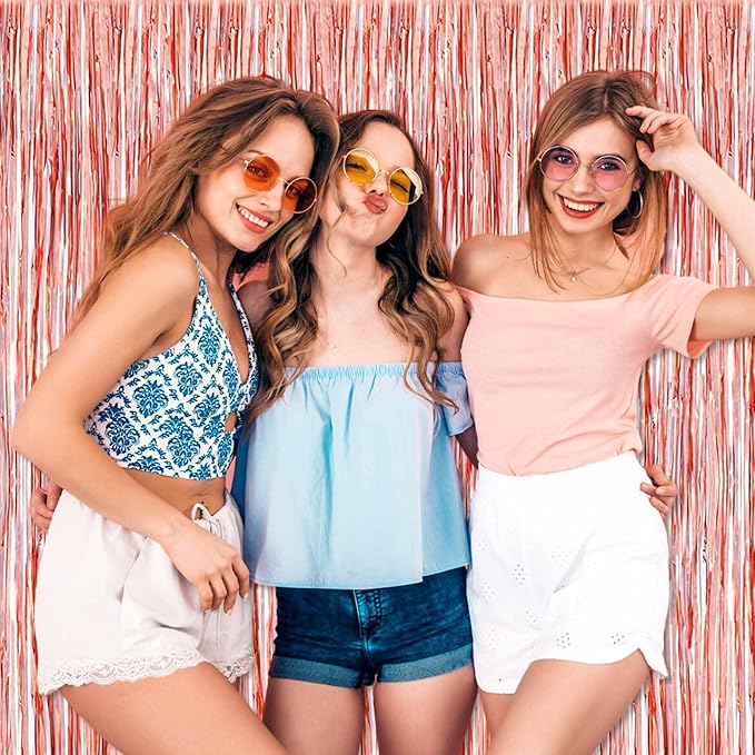 3 Pack Rose Gold Foil Fringe Curtains Backdrop, 3.28 x 6.6 Ft Metallic Streamers Tinsel Curtains Background for Photo Booth, Birthday, Halloween, Christmas, Thanksgiving, New Year Party Decorations