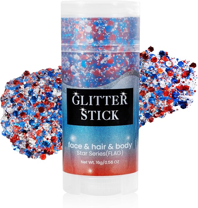 Mysense Patriotic USA Flag Face Hair Glitter for Independence Day Memorial Day Veterans Day, 4th of July Outfits and Accessories for Women Kids, 08# Red White and Blue Glitter Stick, 0.56oz