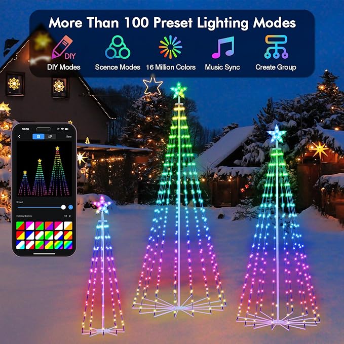 Outdoor Christmas Tree, 3-Pack RGB Color Changing Pre-Lit Smart Cone Christmas Tree with LED Lights, App & Remote Control, Multi-Color Lightshow, Christmas New Year Decoration(4FT&6FT&8FT)