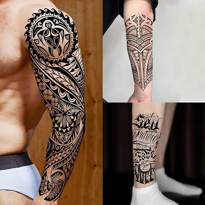 20 Sheets Black Lion Leopard Full Arm Temporary Tattoos For Men Adults Thigh, Floral Forest Wolf Skull Skeleton Eagle Maori Turtle Totem Fake Sleeve Tattoos For Women, Halloween Tattoo Stickers Flower