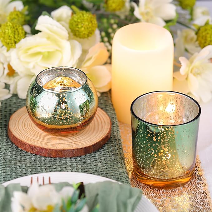 Volens 30pcs Assorted Green Votive Candle Holders Bulk, Large Mercury Glass Votive for Wedding Table Centerpieces, Green and Gold Themed Party Decorations and Home Decor