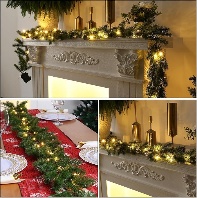 Christmas Garland with Lights, 70.9 Inch Lighted Garland, Realistic Greenery Norfolk Pine Garlands, 18 LED Lights Battery Powered, Timer Included Greenery Garlands for Mantle Christmas Decor