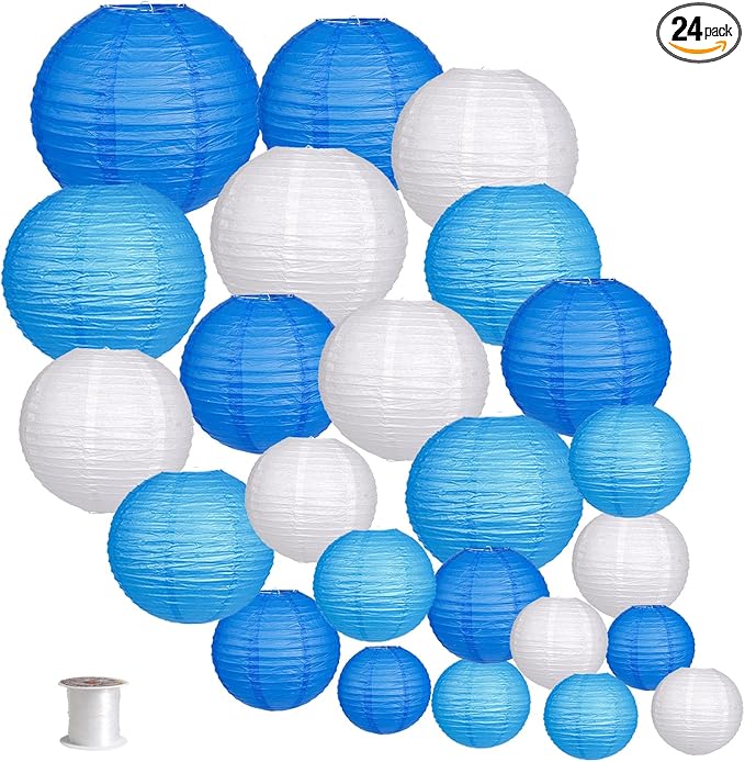 24pcs Hanging Round Paper Lanterns for Wedding Birthday Party Baby Showers Decoration Blue/White