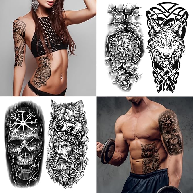 77 Sheets Temporary Tattoo for Women Men, 17 Sheets Half Arm Black Scary Lion Wolf Tiger Skull Skeleton Fake Tattoos, 60 Sheets Ealge Tribal Tiny for Adult Kids Body Tattoos Stickers Realistic