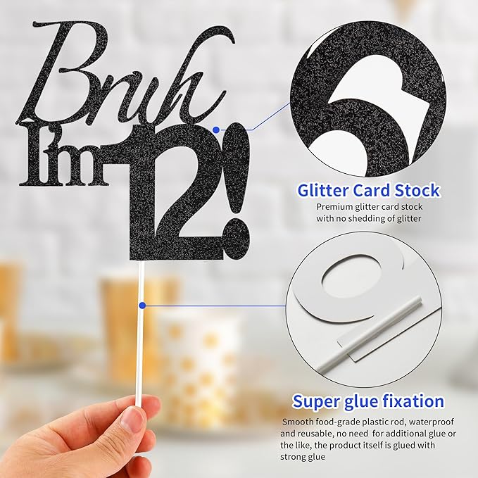 Bruh I'm 12 Cake Topper - Black Glitter Happy 12th Birthday Decorations for Boys Teens, Funny 12 Year Old Party Supplies, Bro I'm 12 Cake Decor (Bruh I'm 12！, 12th black)
