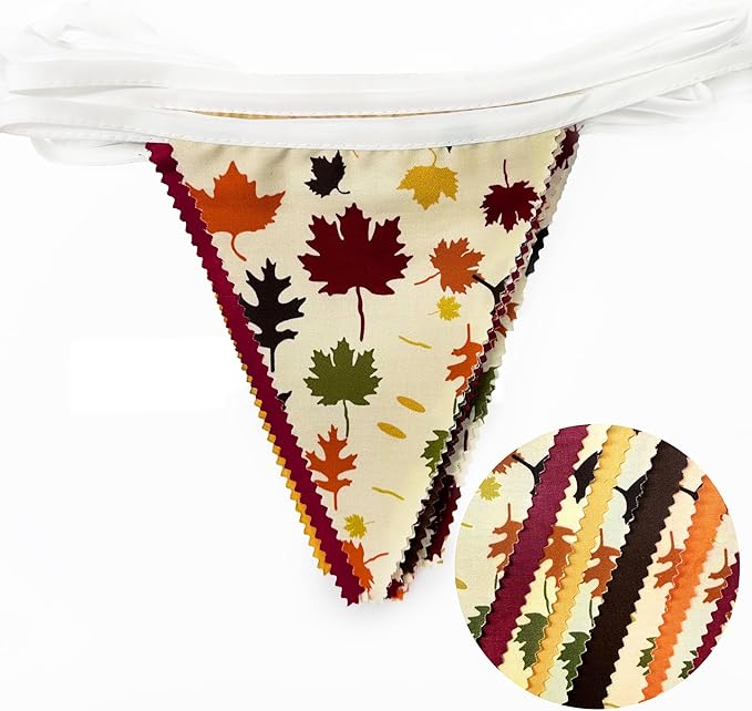 31Ft Fall Party Decorations Orange Brown Fall Maple Leaves Banner Fabric Triangle Flag Pennant Garland Streamers for Happy Fall Thanksgiving Day Harvest Autumn Birthday Outdoor Garden Hanging Decor