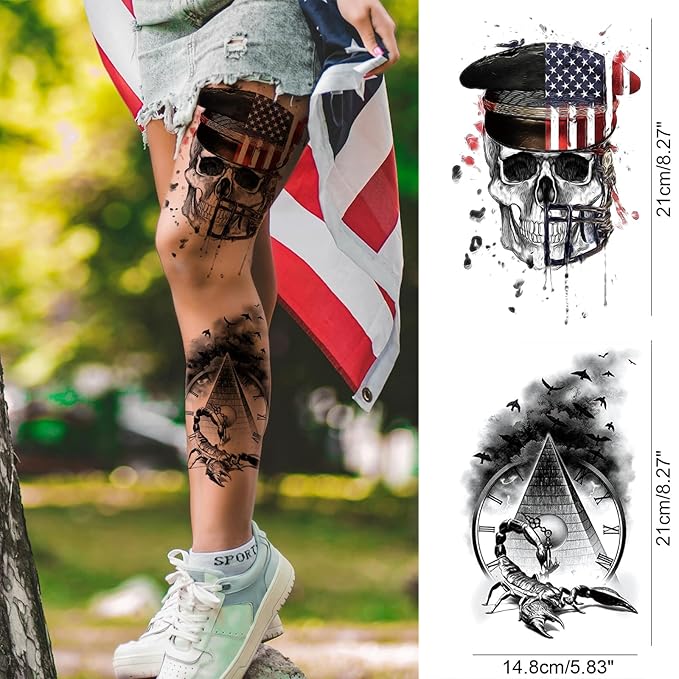 Fourth of July Temporary Tattoo Sleeves for Men Women, 4-Sheet Large Full Arm USA Patriotic 4th of July Fake Tattoo Sleeve Adult and 4-Sheet American Flag Half Temp Tatoo Independence Day