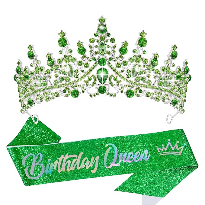 VELSCRUN Birthday Queen Tiara Crowns for Women Girls Green Crystal Birthday Queen Headband Sash Elegant Princess Crown Happy Birth Party Decorations Mom Sisters Birth Gift Hair Accessories