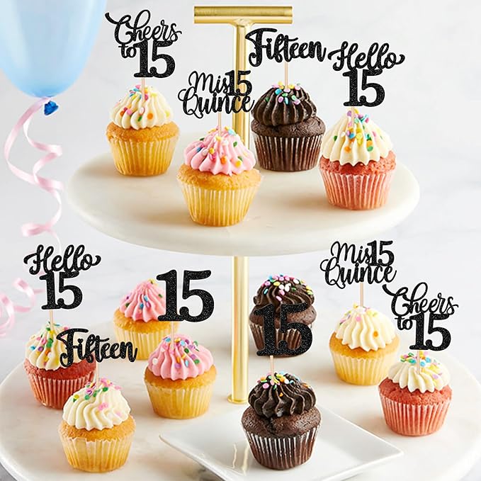 30PCS Happy 15th Birthday Cupcake Toppers Glitter Fifteen Mis Quince Hello 15 Cupcake Picks Cheers to 15 Birthday Decorations for 15th Birthday Anniversary Party Cake Decoration Supplies Black