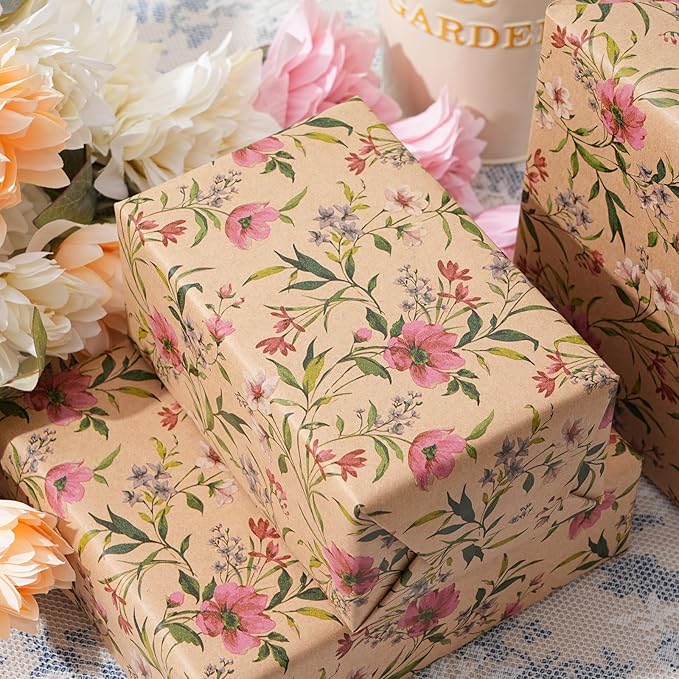 ZINTBIAL Kraft Floral Wrapping Paper Roll - Pink and Purple Floral Design, 17 Inches x 16.5 Feet, Gift Wrap for Wedding, Bridal Shower, Birthday, Mother's Day, Cut Lines on Back