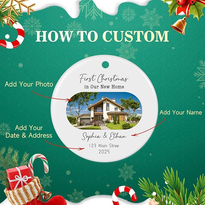 Personalized First Christmas in Our New Home Ornament 2025, Housewarming Gifts New House Photo Christmas Ornaments Christmas Tree Decoration, House Warming Gifts for Couples Owners Men Women
