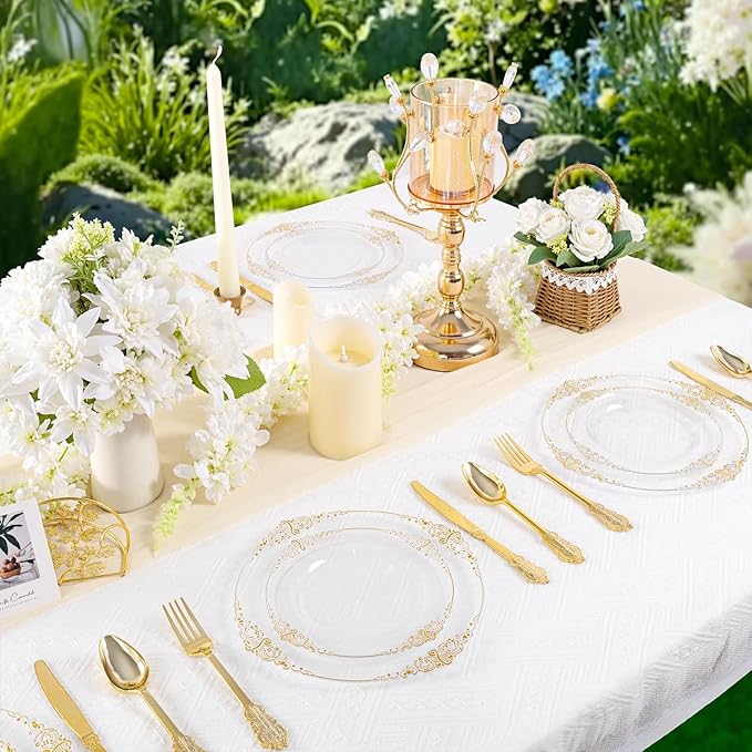 125PCS Clear Gold Plastic Plates - Fancy Clear Disposable Plates - Thanksgiving Plate with Gold Plastic Silverware Set for 25 Guests for Party & Wedding & Holiday