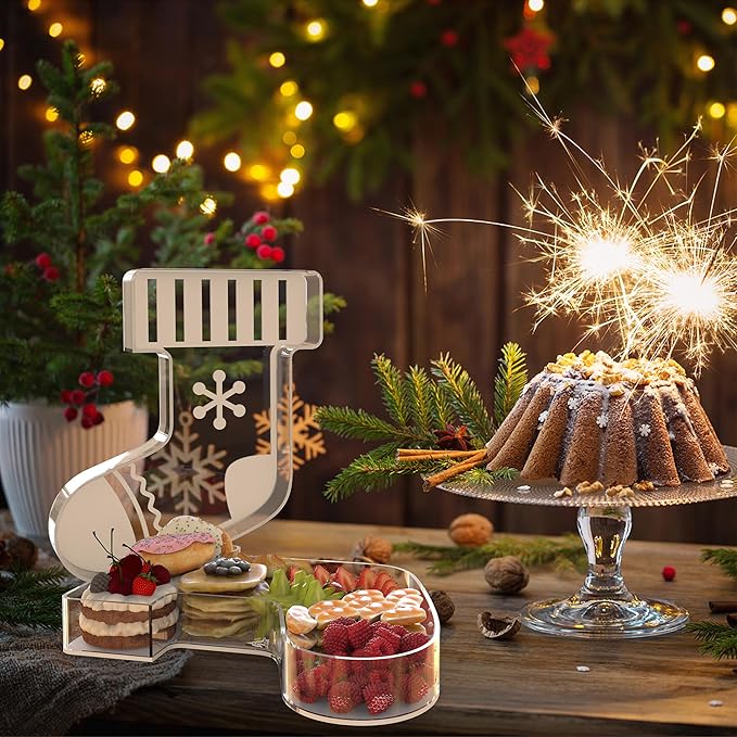 11" Christmas Stocking Charcuterie Boards, Acrylic Reusable Serving Tray for Dessert Appetizer Display, Cute Decorative Snack Platter for Xmas Party Table Decoration