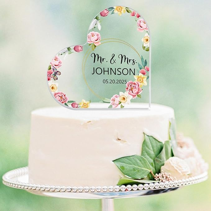 Custom Wedding Heart Acrylic Plaque,Mr & Mrs Cake Topper,Personalized Wedding Keepsake/Gift/Sign (Style 20)