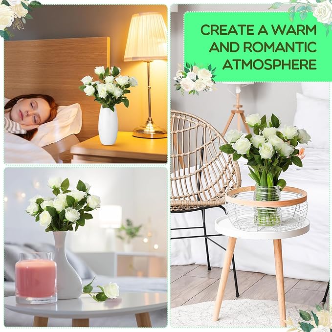 Hotop 80 Pcs Rose Artificial Flowers Bulk with Long Stem, Silk Roses Realistic Fake Flowers Bouquet for Wedding Table Centerpieces Bridal Shower Party Home Decorations(White)