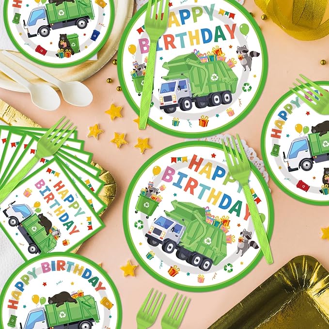 96PCS Garbage Trash Truck Plates and Napkins Party Supplies Trash Truck Birthday Party Decorations Waste Management Recycling Rubbish Truck Themed Disposable Tableware Set Serve 24 Guests