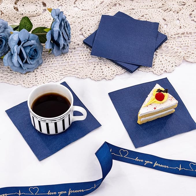 FLOWERCAT 100-Count 2-Ply Blue Cocktail Napkins - Navy Blue Napkins Disposable Premium Quality - 5" x 5" Blue Paper Napkins for July 4th Party,Bar,Weddings,Birthday,Hanukkah,Father's Day