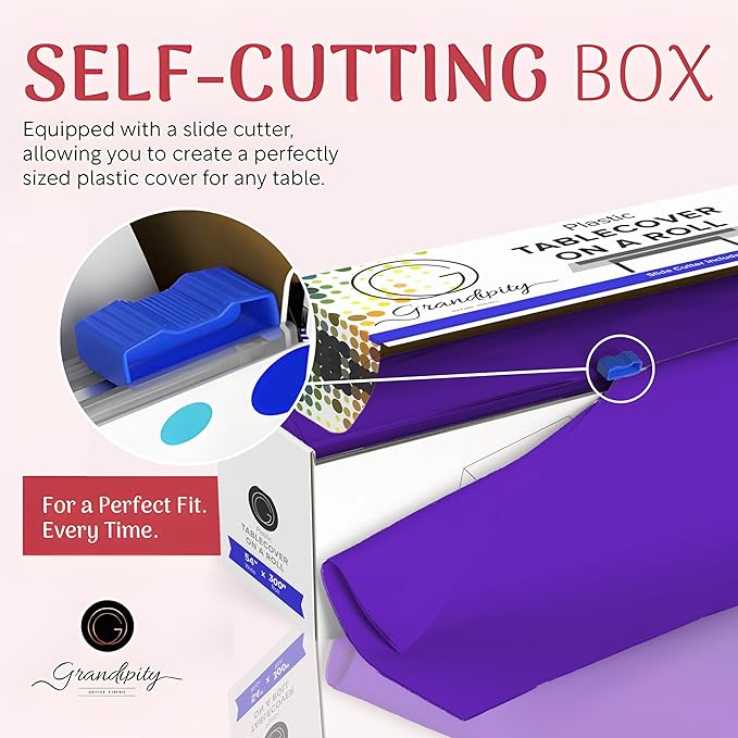 Grandipity Plastic Tablecloth Roll - 54in x 300 Ft. Purple Plastic Table Cloths for Parties Disposable with Cutter Box - Cut to Size Disposable Tablecloth Table Cover for Rectangle & Round