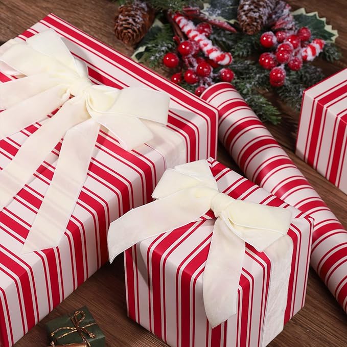 LaRibbons Christmas Wrapping Paper Roll, Classic Red & White Striped Gift Wrap for Christmas, Holiday, Winter Party, 17 Inch x 33 Feet