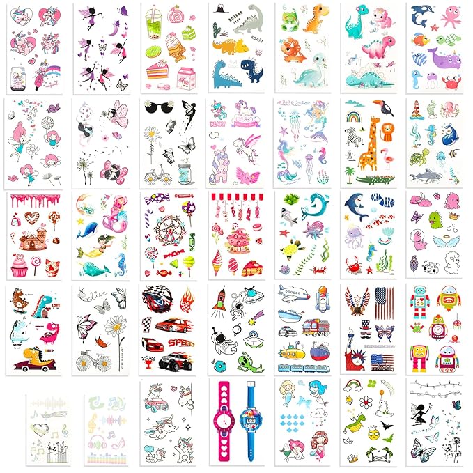 350+ Kids Themed Designs Temporary Tattoos for Girls - Individually Wrapped, Glow in the Dark, Waterproof Fake Tattoos - Multiple Themes: Mermaid, Unicorn, Dinosaur, Princess, Fairy, Animal, Butterfly