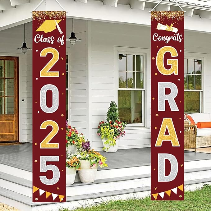 Graduation Decorations 2025 GRAD Banner Maroon Porch Door Sign Welcome Banner For Indoor Outdoor Wall Graduation Decorations Class of 2025