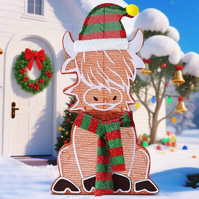 DomKom 28" 2D Flat Lighted Highland Cow Christmas Decor, 2-Piece Pre-Lit LED Scottish Cow with Scarf and Hat Indoor/Outdoor Plug-in Holiday Yard Display