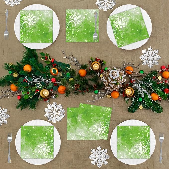 Christmas Paper Napkins Green, Snowflake, Watercolor 80 Pieces Party Disposable Paper Luncheon Napkins for Christmas, Happy New Year