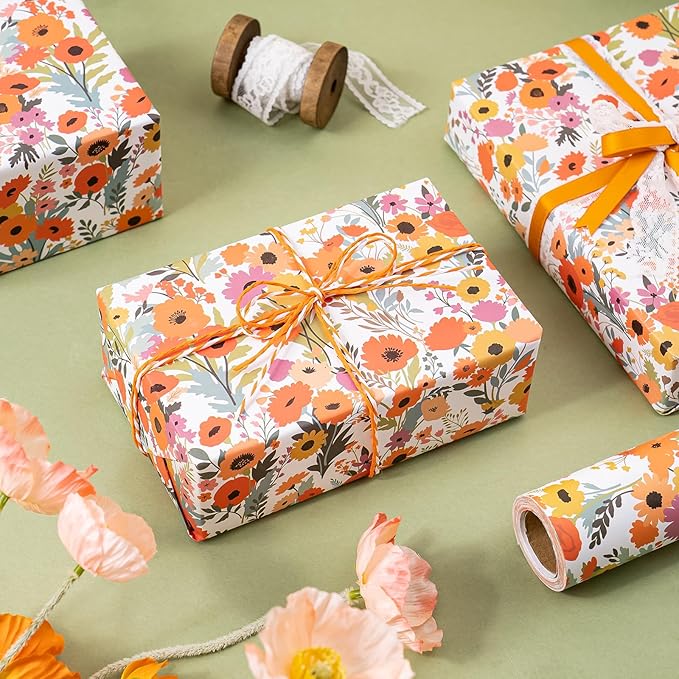 WRAPAHOLIC Kraft Floral Wrapping Paper Roll - Mini Roll - 17 Inch x 16.5 Feet - Bright Summer Flower Wrapping Paper, Perfect for Wedding, Birthday, Bridal Shower, Tea Party