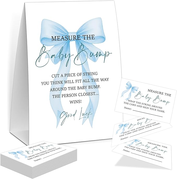 Blue Bow Measure the Baby Bump Game, Baby Shower Game, Include One 5×7 Sign and 50 Guessing Cards, Blue Coquette Bow Gender Reveal Party Decoration Supplies - FI02