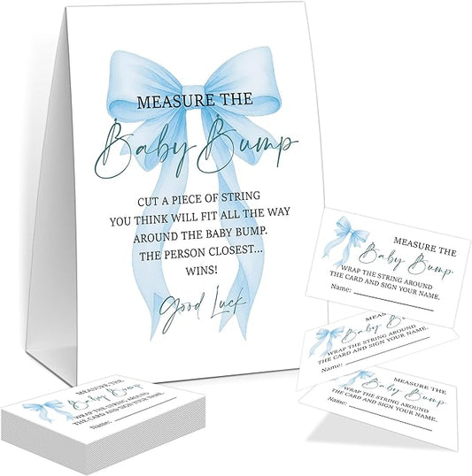 Blue Bow Measure the Baby Bump Game, Baby Shower Game, Include One 5×7 Sign and 50 Guessing Cards, Blue Coquette Bow Gender Reveal Party Decoration Supplies - FI02