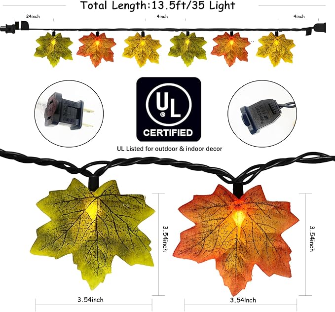 Fall Garland with Lights,13.5ft 35 LED Fall Decor String Lights with Orange Green Yellow Leaf Lights,Thanksgiving Decorations Garland for Home Porch Front Door Table Mantel Halloween Decor