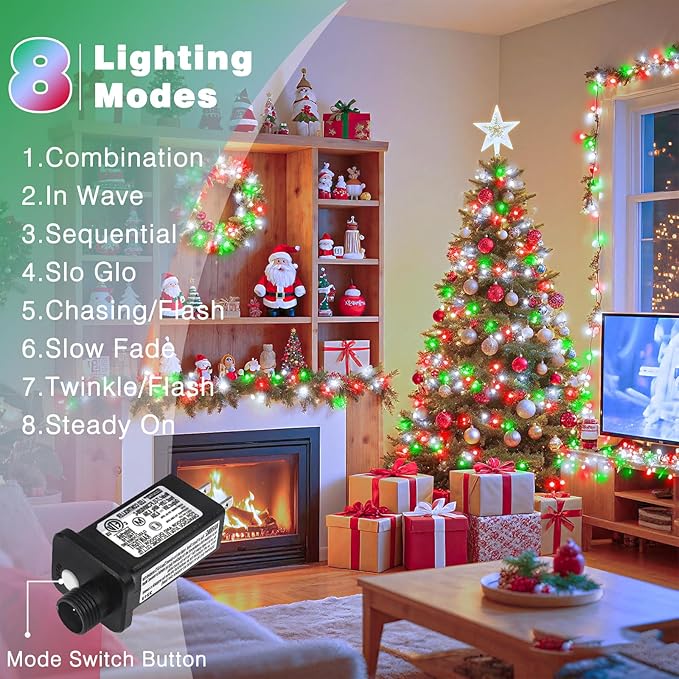 100FT 300 LED Christmas Lights Outdoor, Plug in Christmas String Lights Indoor, Waterproof & 8 Modes & Timer Function, Connectable Fairy Twinkle Light for Bedroom Patio Xmas Decor, Red White Green