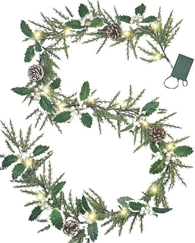 6FT Holly Berry Garland, Lighted Christmas Garland with Timer, Battery Operated Garland Christmas for Staircase Winter New Year Door Decorations