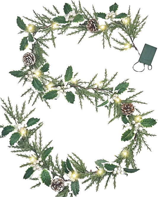 6FT Holly Berry Garland, Lighted Christmas Garland with Timer, Battery Operated Garland Christmas for Staircase Winter New Year Door Decorations